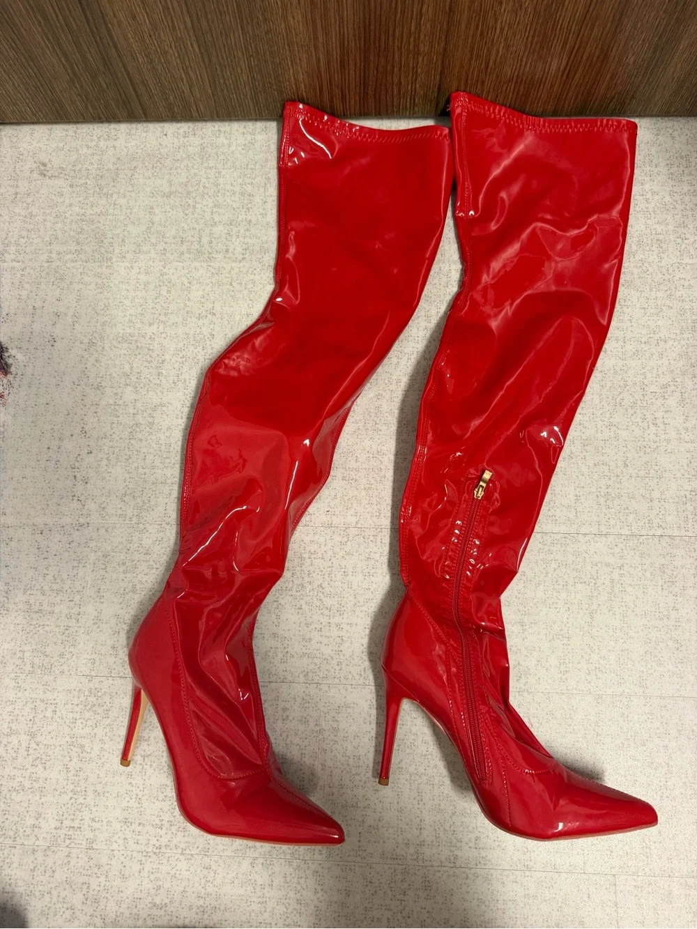 Red Patent Over-The-Knee 4” Stiletto Boots - Women